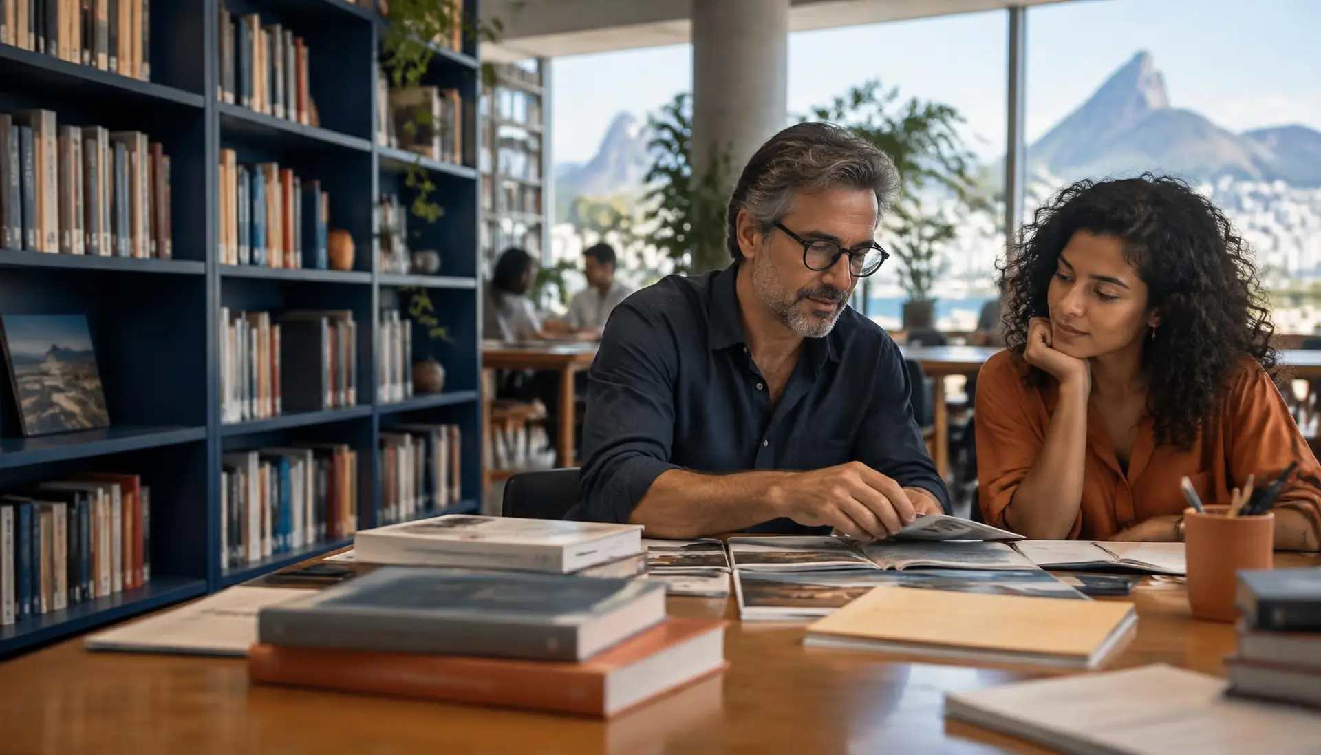 People exploring printed books together in a library