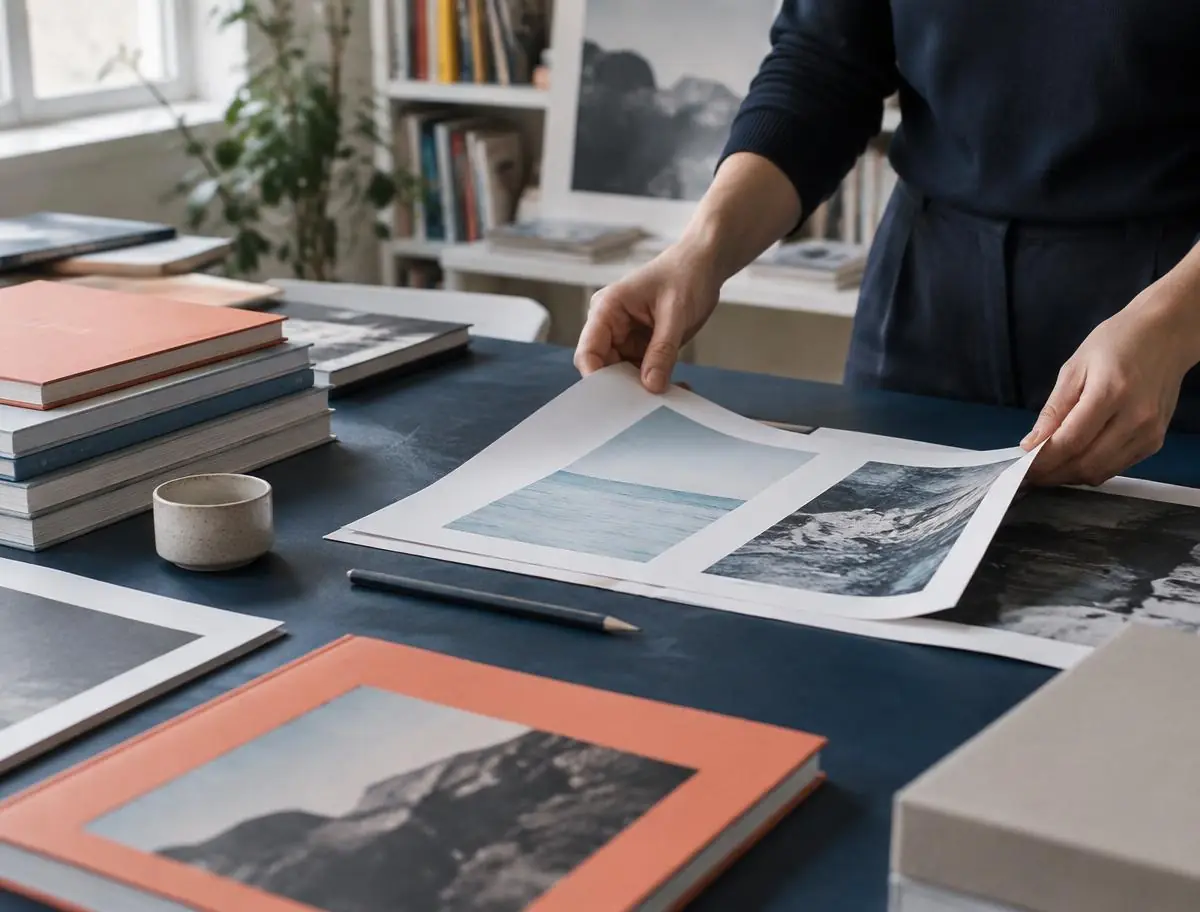 Editorial materials and printed proofs being arranged on a worktable